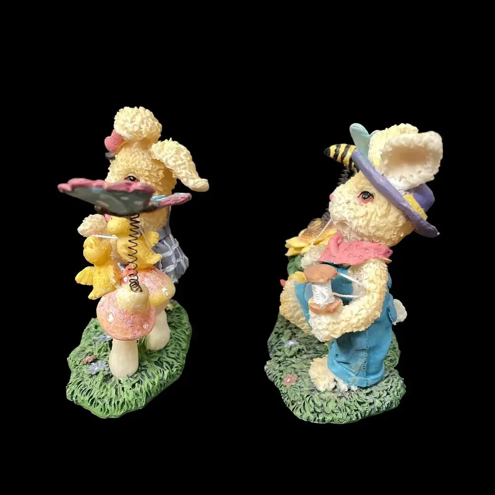 Resin Bunny Rabbit Pair with Bumblebee & Butterfly on Spring Vintage Decor